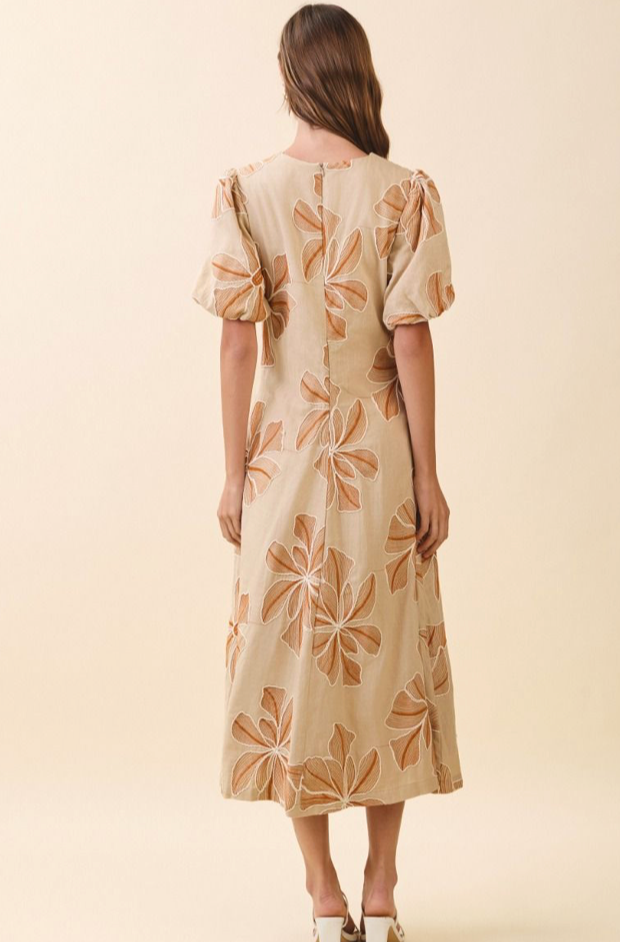 Embroidered Midi Dress with Round Neck