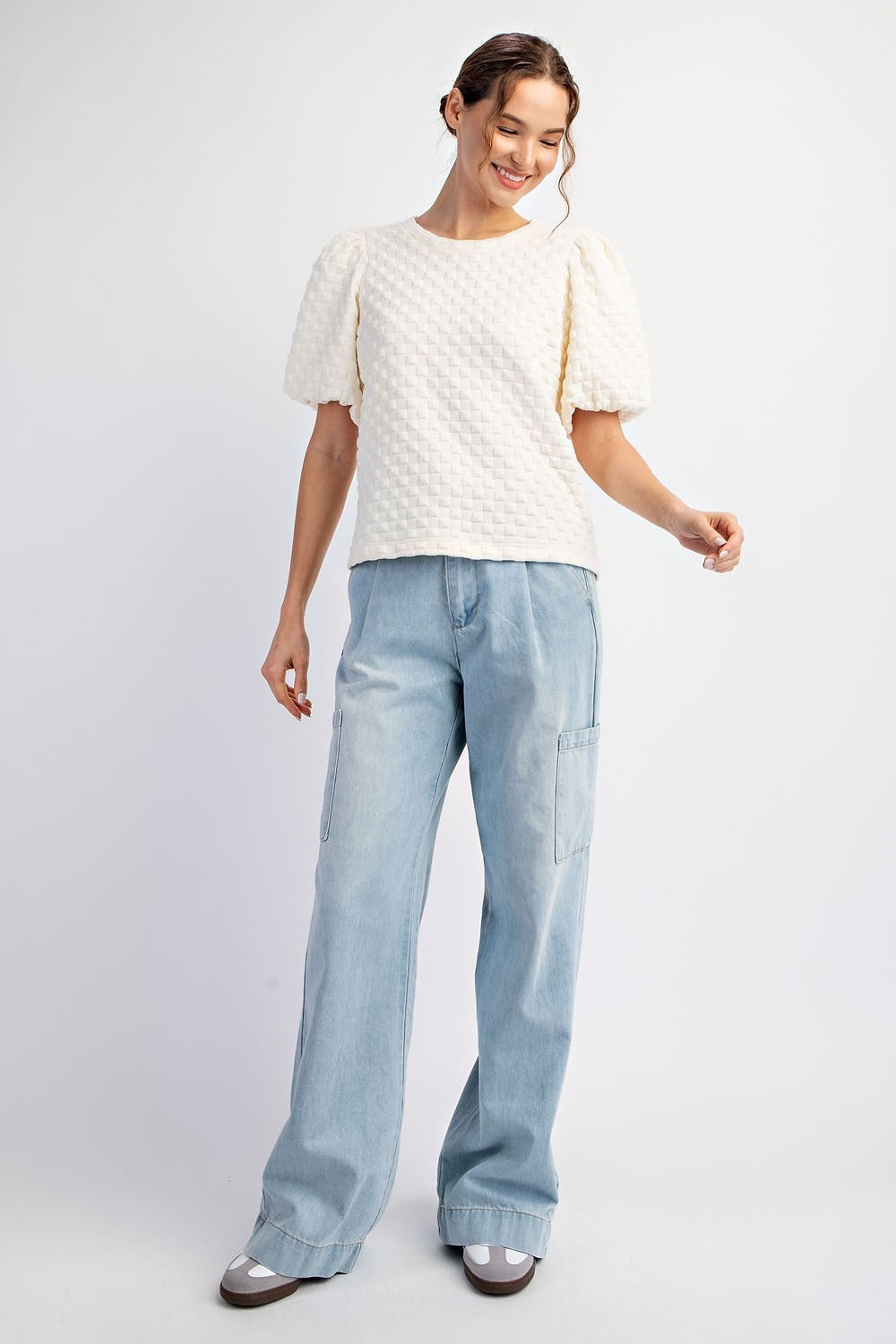 Textured Check Puff Sleeve Top