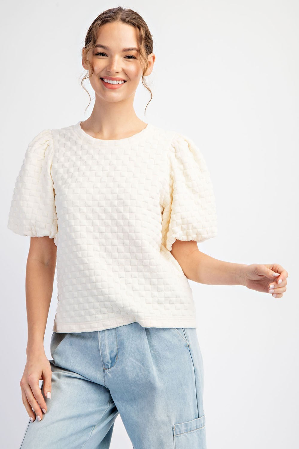 Textured Check Puff Sleeve Top