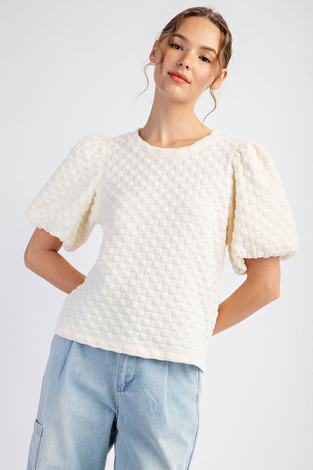 Textured Check Puff Sleeve Top