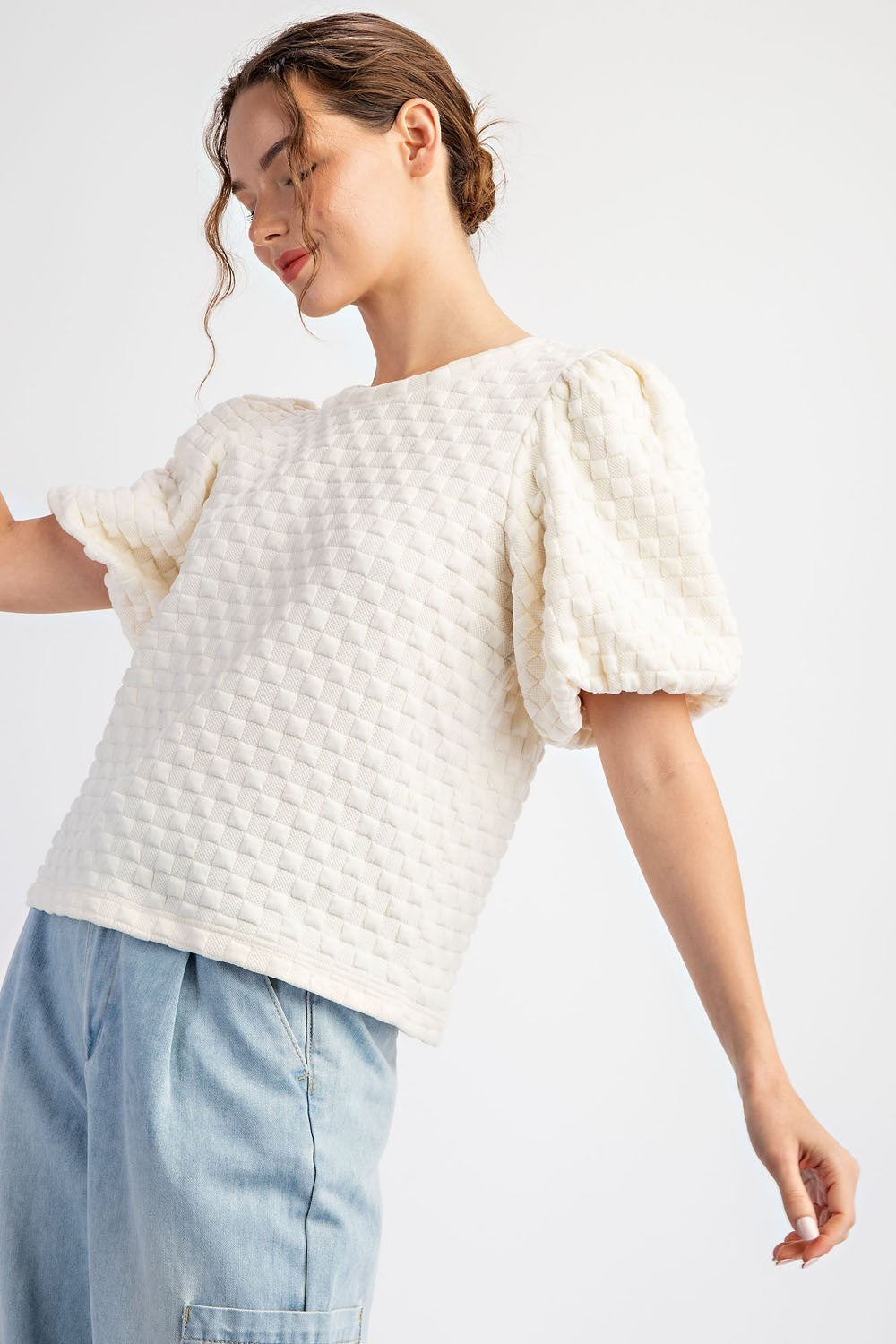 Textured Check Puff Sleeve Top