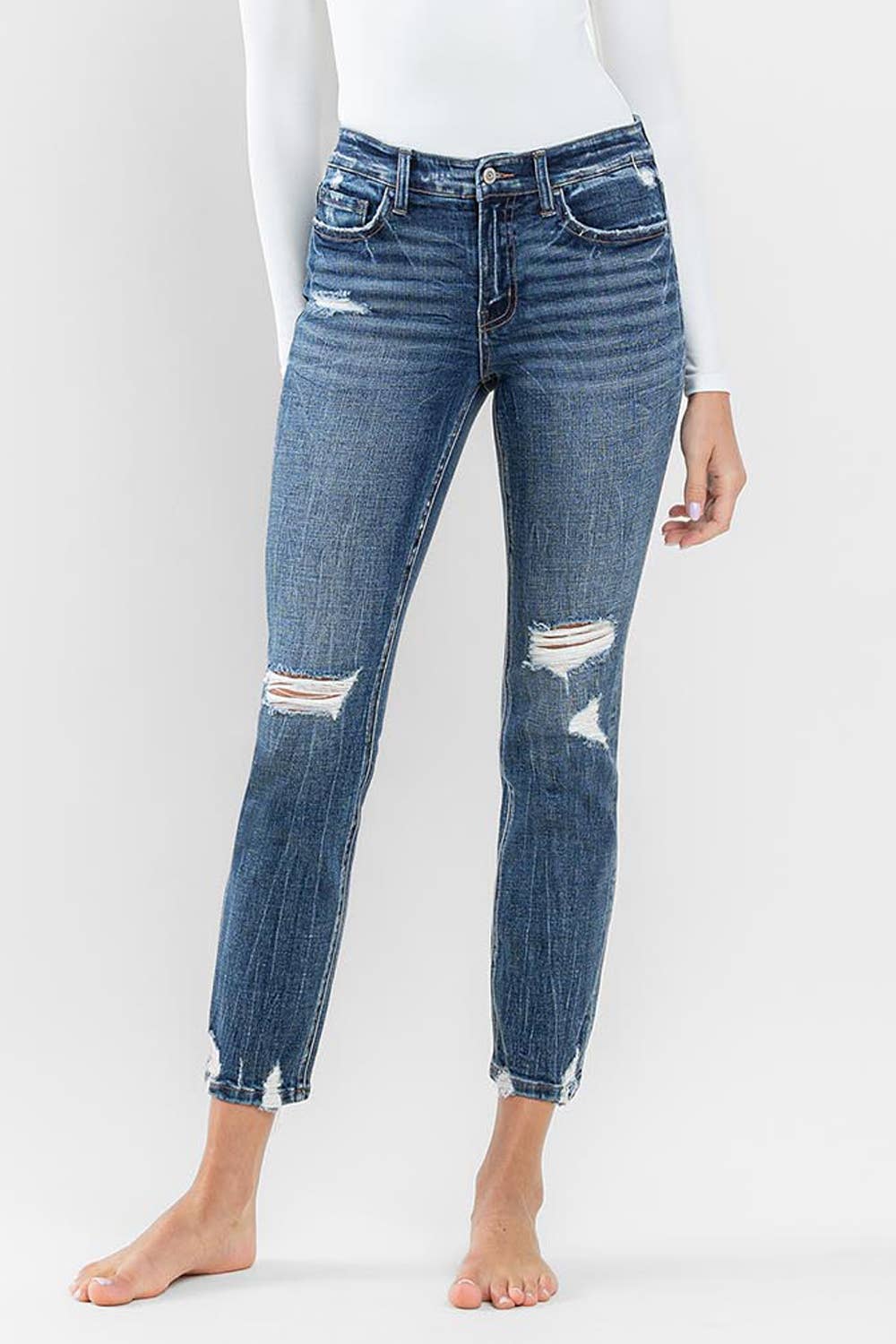 Flying Monkey - Mid Rise Distressed Crop Slim Straight Jeans