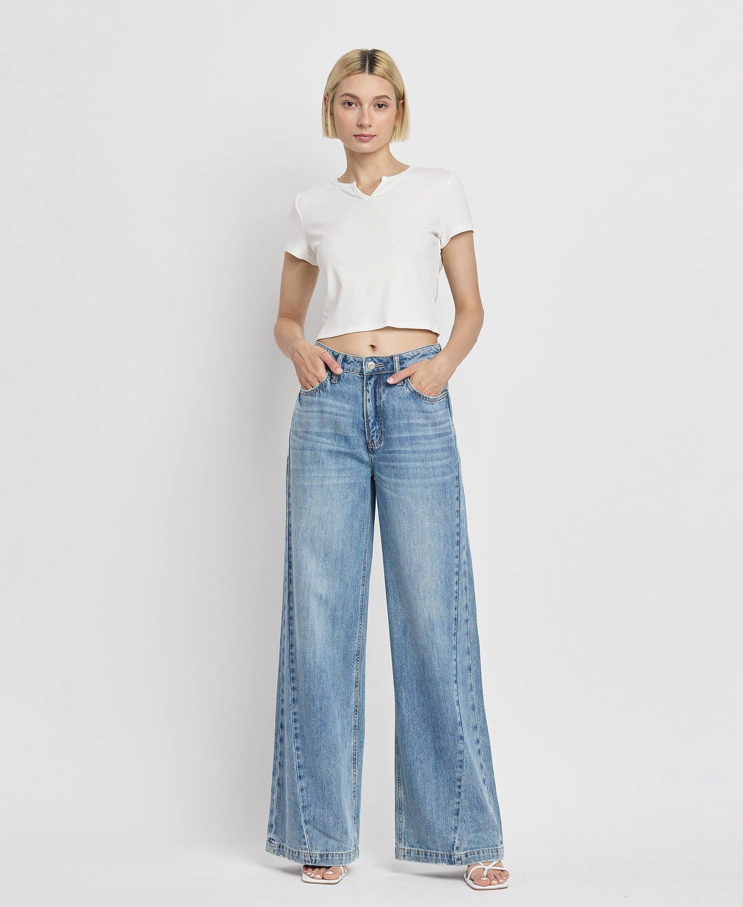 VERVET by FLYING MONKEY - HIGH RISE SEAM DETAIL WIDE LEG JEANS V3566