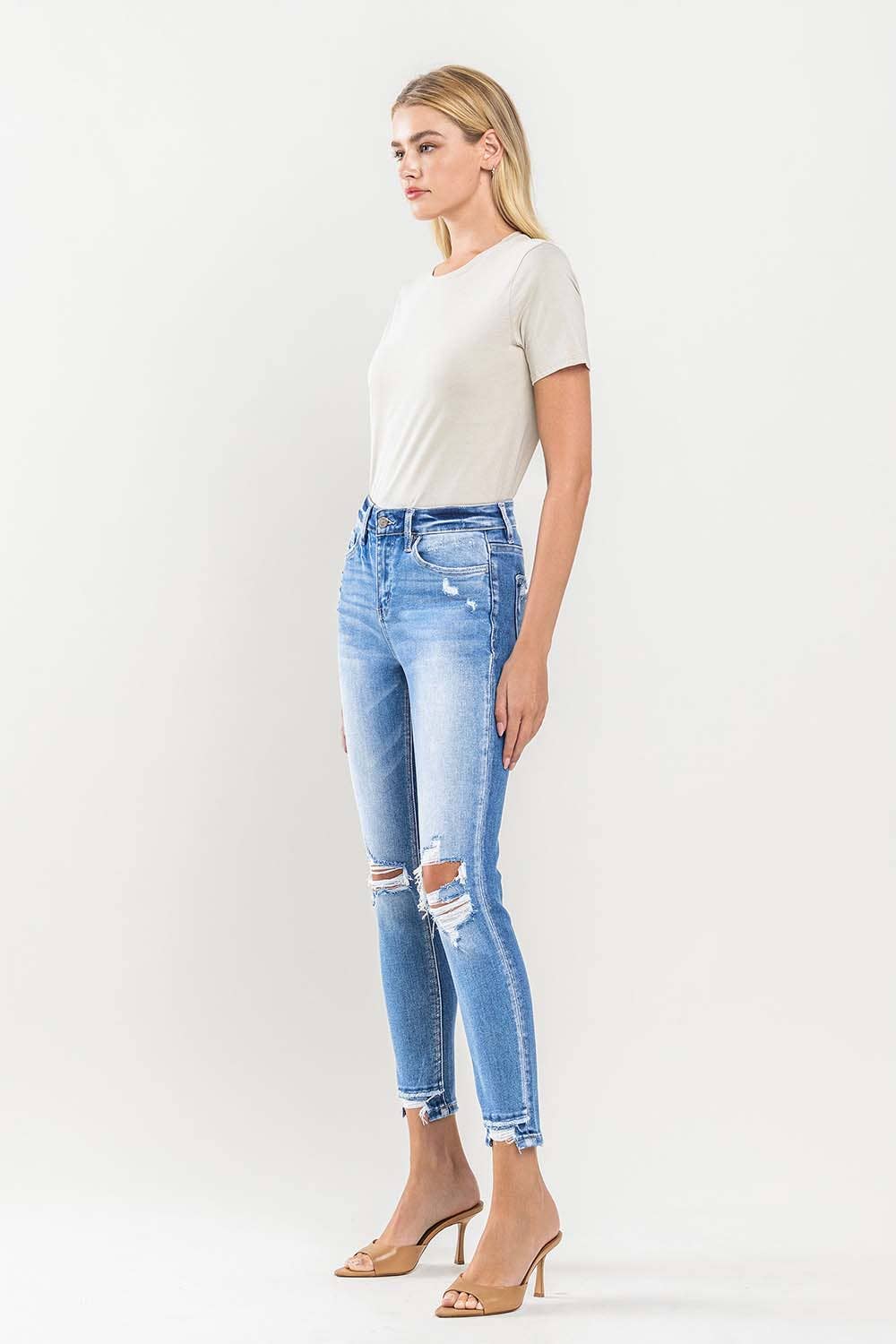 HIGH RISE CROP CONTRAST PANEL SKINNY JEANS