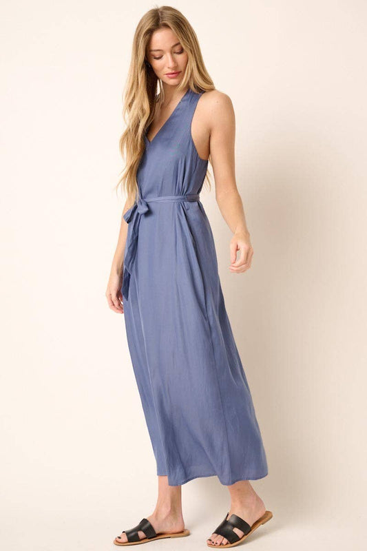 Cross Back Belted V Neck Tank Maxi Dress