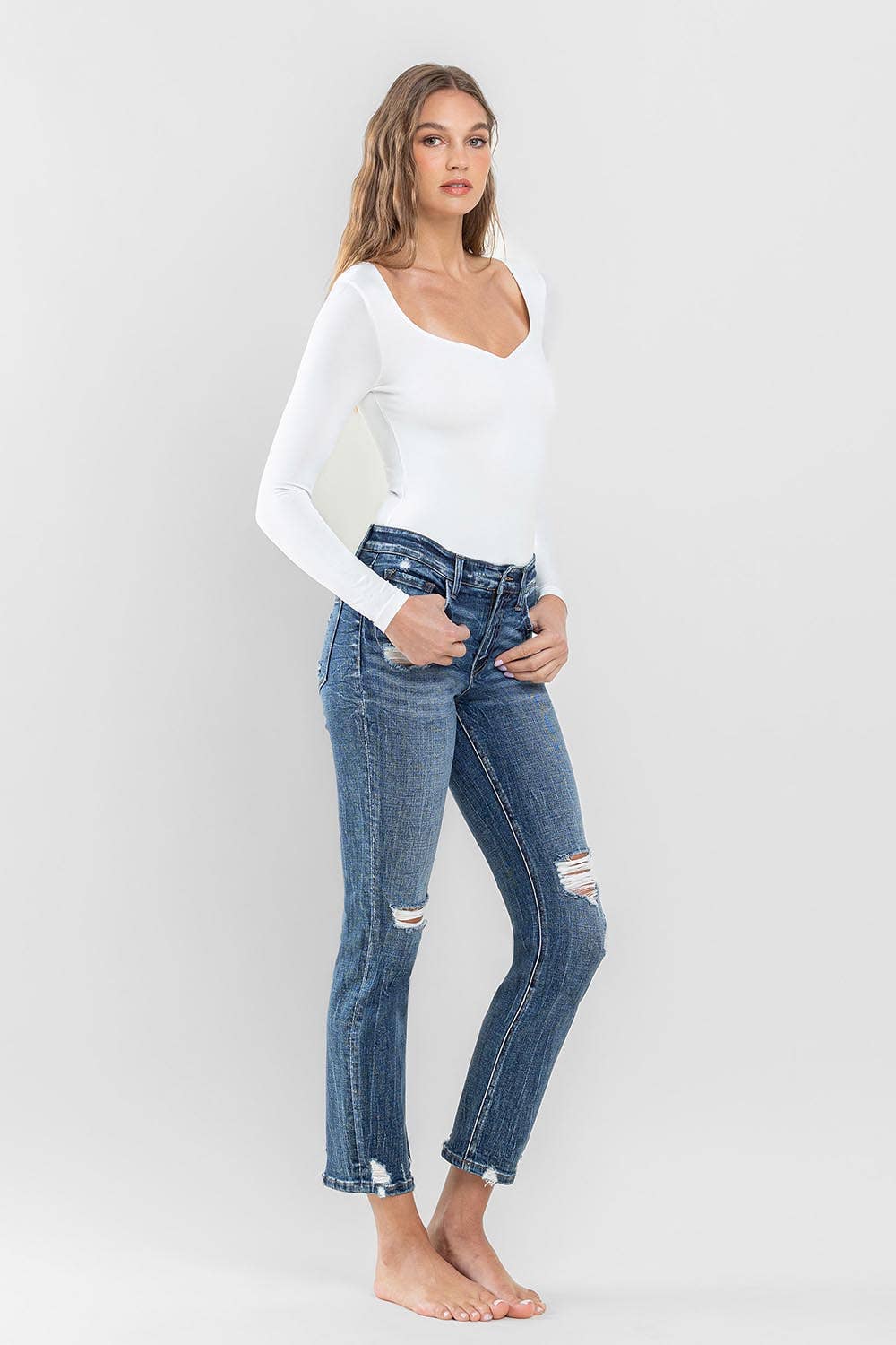 Flying Monkey - Mid Rise Distressed Crop Slim Straight Jeans