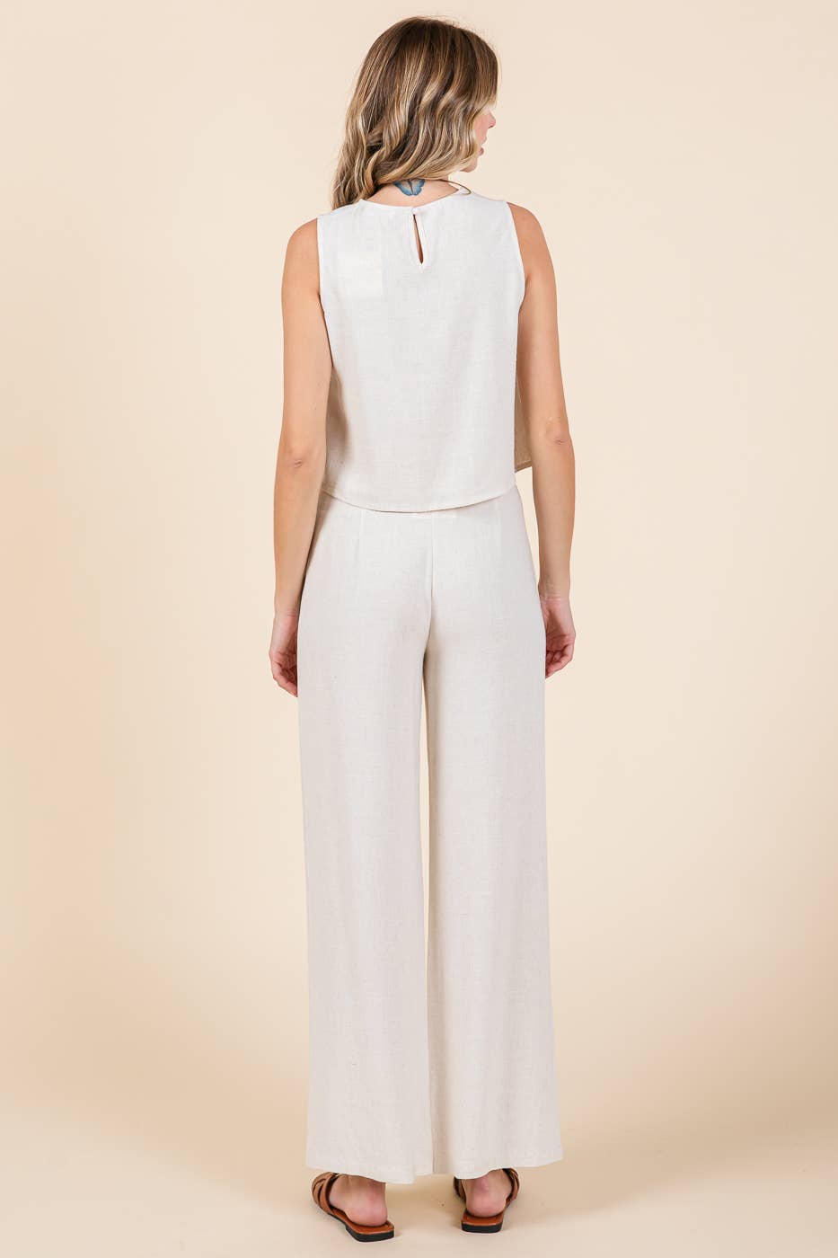 Linen Blend Crop Tank Top Pleated Pant Set