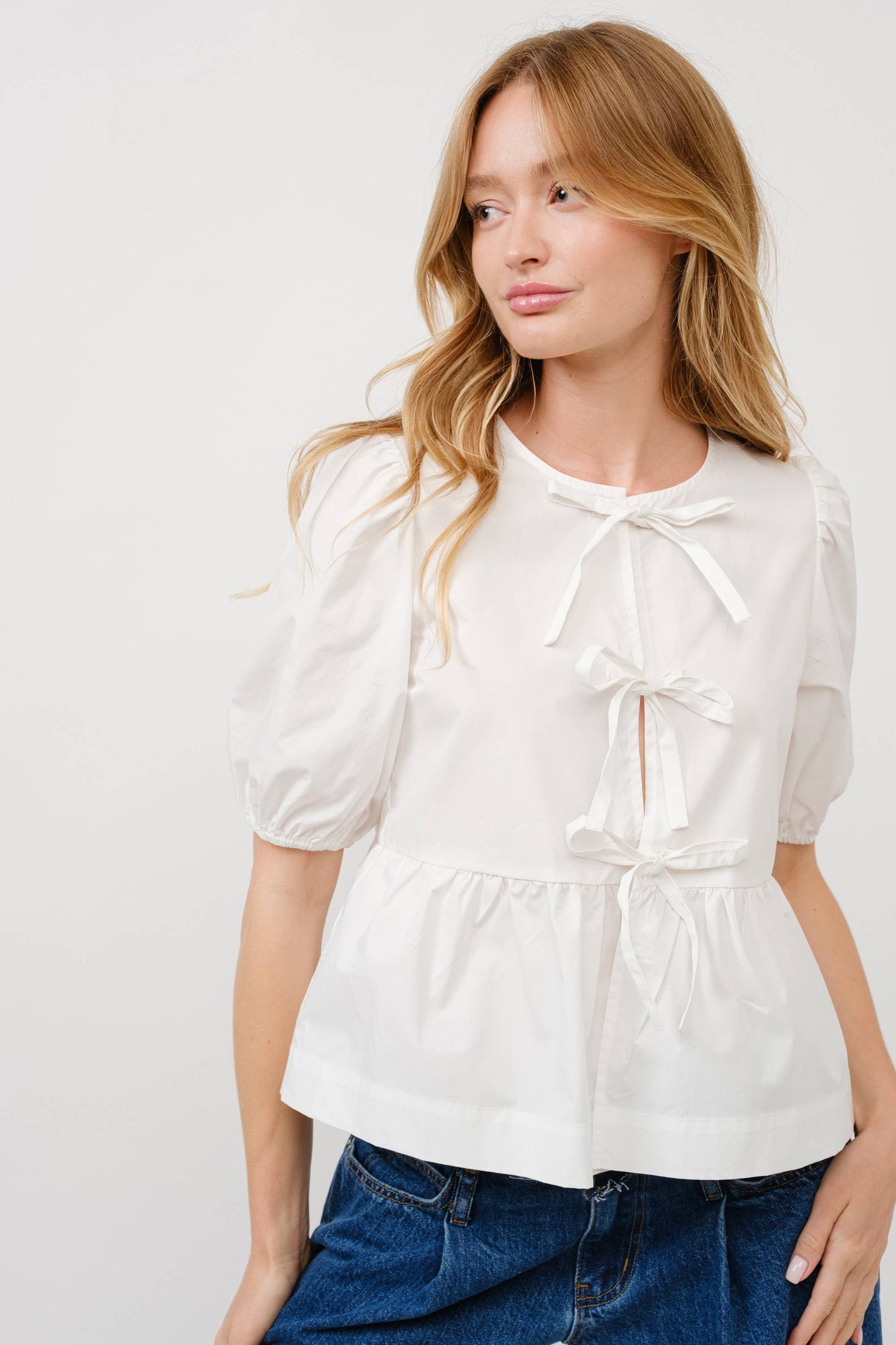 Poplin Front Bow Tie Peplum Blouse With Puff Sleeve