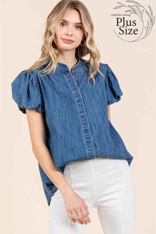 GeeGee Clothing - Plus Puffed Sleeve Denim Blouse: MT50532PL