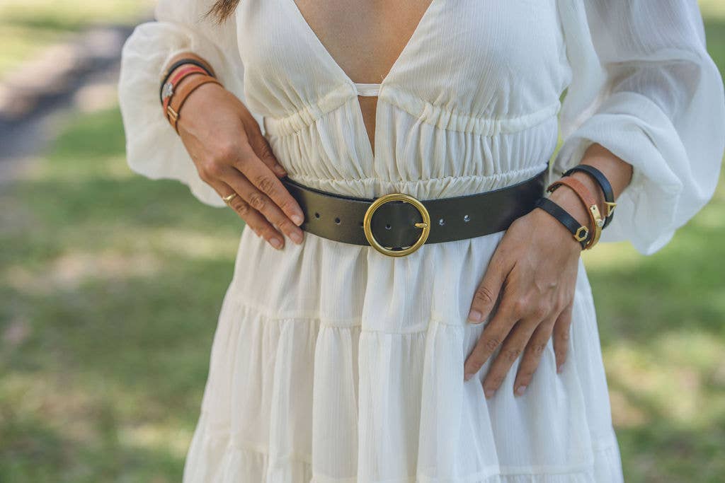 Wide Brass-Toned Single Ring Buckle Leather Belt