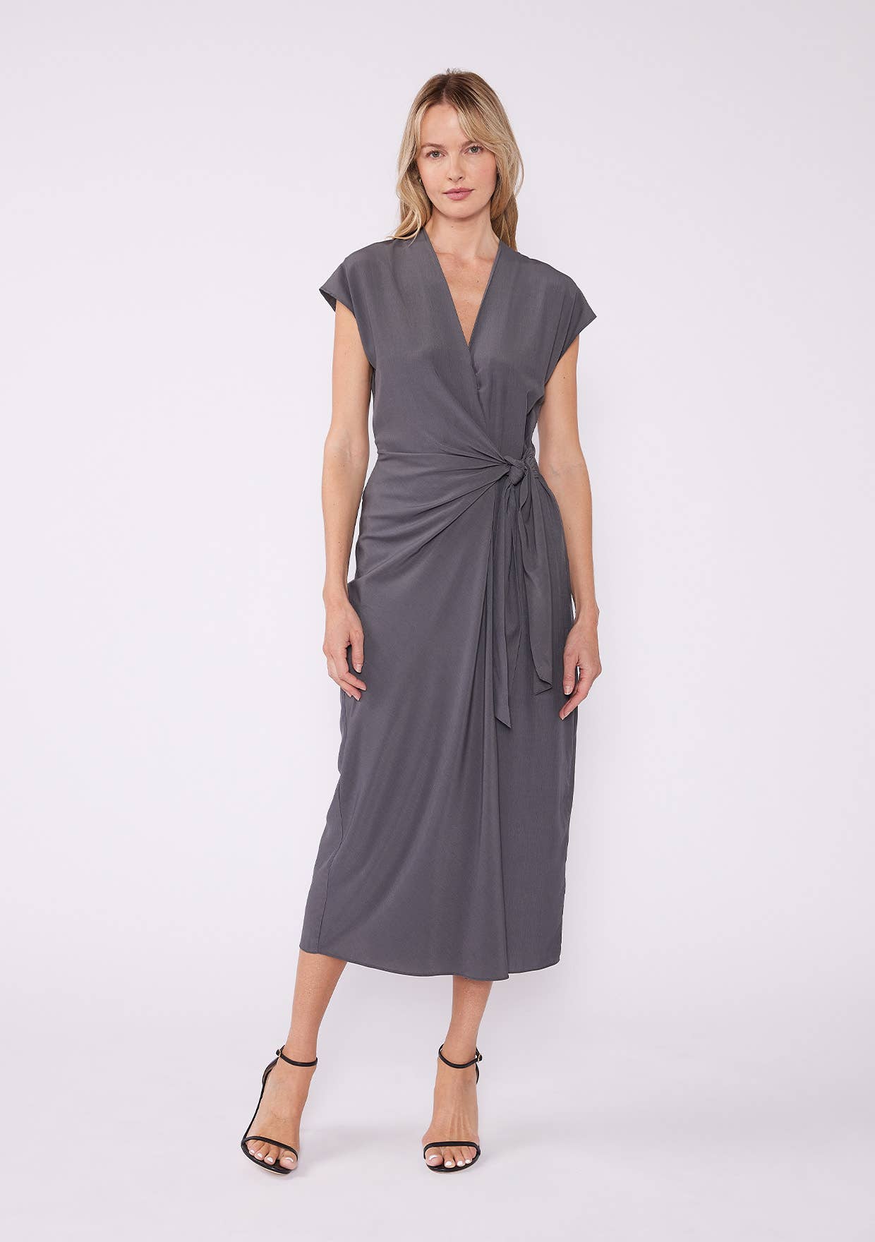 Solid Dolman Cap Sleeve Midi Wrap Dress