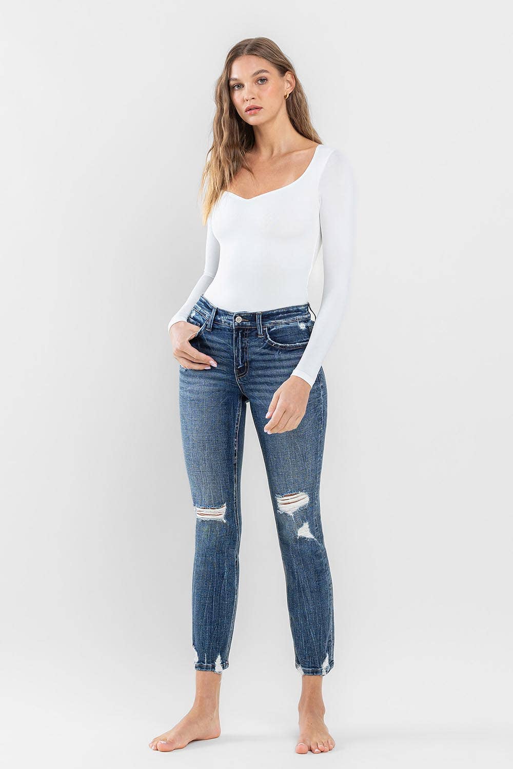 Flying Monkey - Mid Rise Distressed Crop Slim Straight Jeans