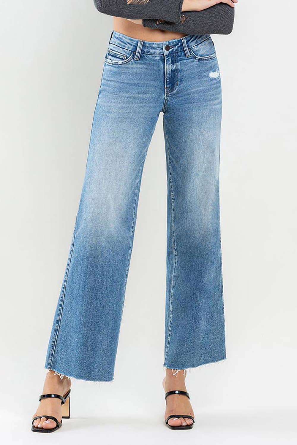 MID RISE ANKLE RAW HEM WIDE LEG JEANS