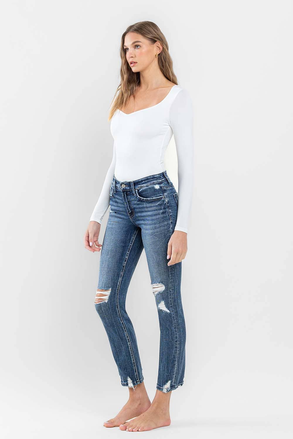 Flying Monkey - Mid Rise Distressed Crop Slim Straight Jeans