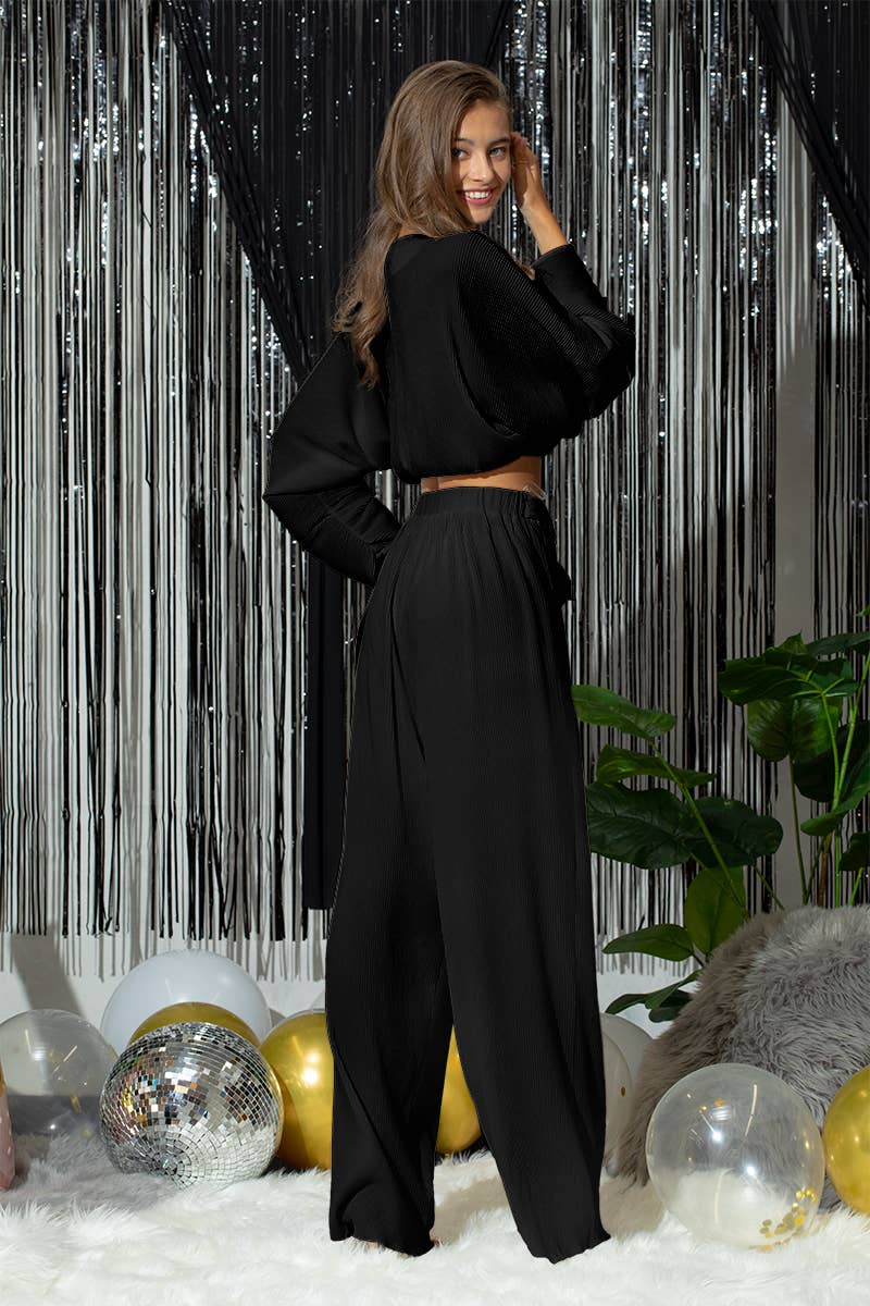 Plisse Tie Front Wide Leg Pants