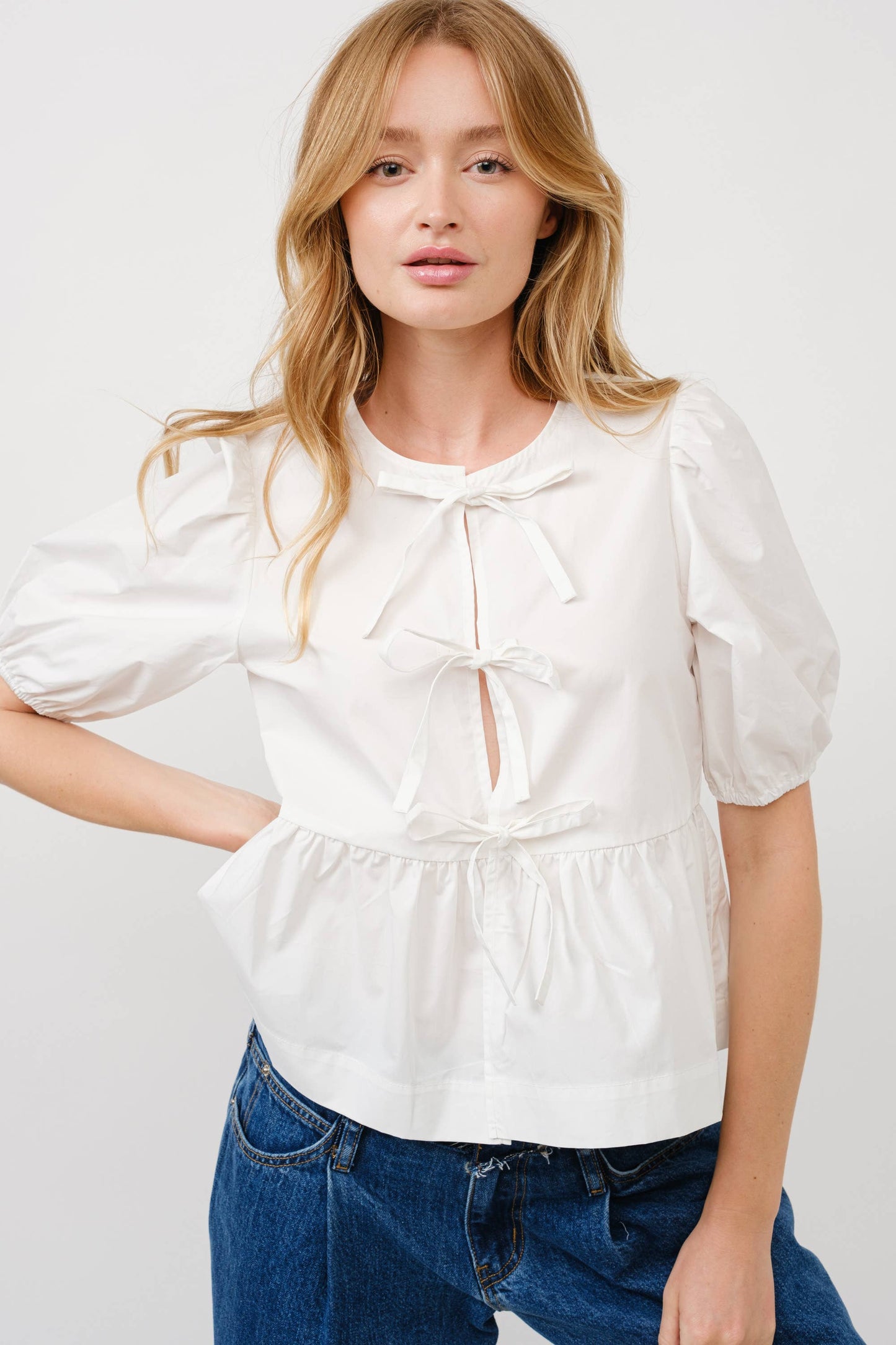 Poplin Front Bow Tie Peplum Blouse With Puff Sleeve