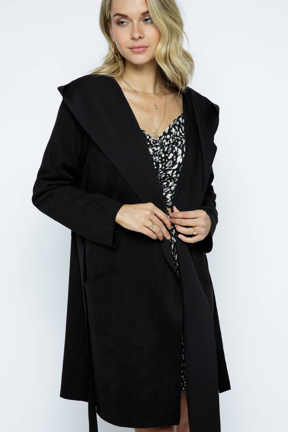 Faux Suede Drape Coat