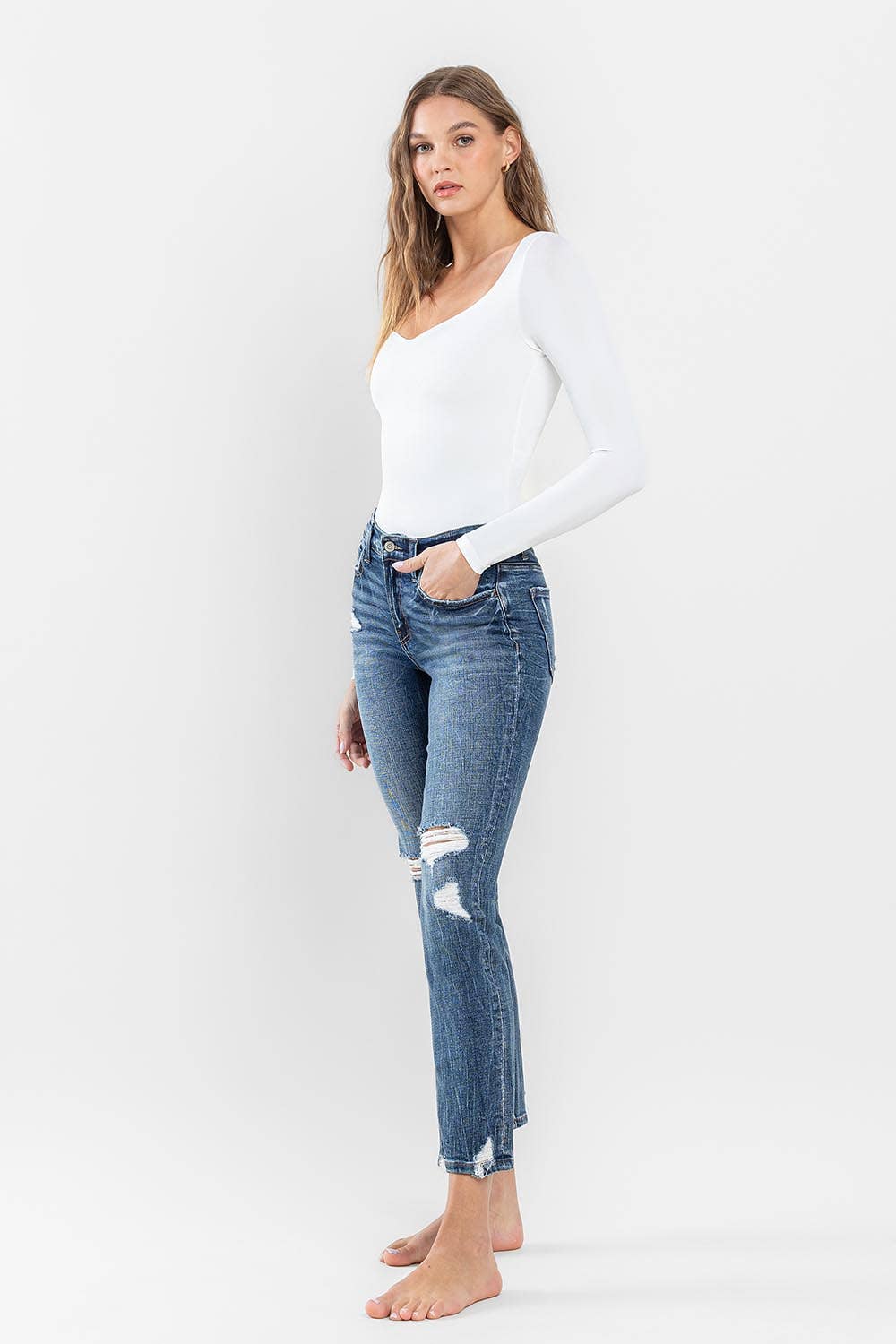 Flying Monkey - Mid Rise Distressed Crop Slim Straight Jeans