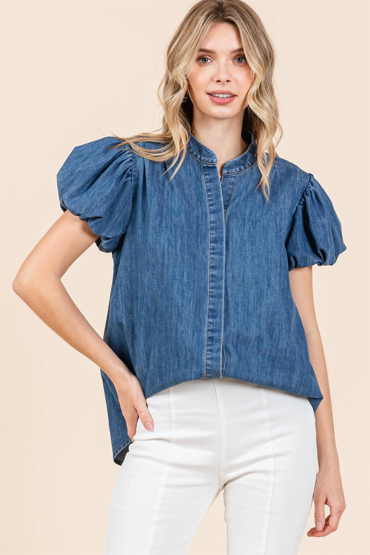 Extended Size Puffed Sleeve Denim Blouse