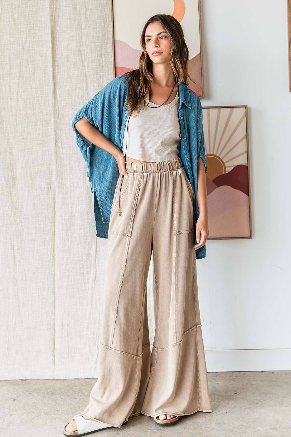 Mineral Wash Wide Flared Leg Lounge Pants