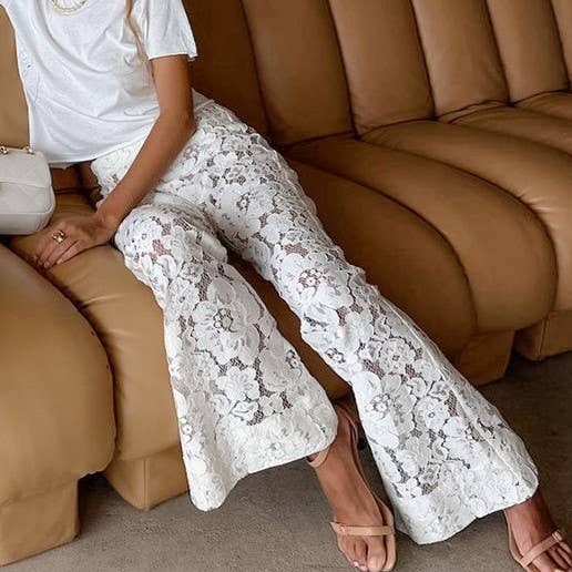 Lace Jacquard Sheer High-Rise Casual Flared Trousers