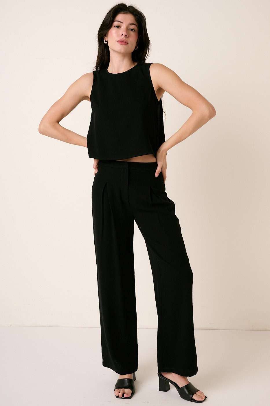 Linen Blend Crop Tank Top Pleated Pant Set