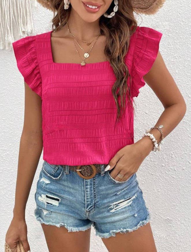 Rosa Clothing - Square Neck Ruffle Panels Short-Sleeved T-Shirt Top