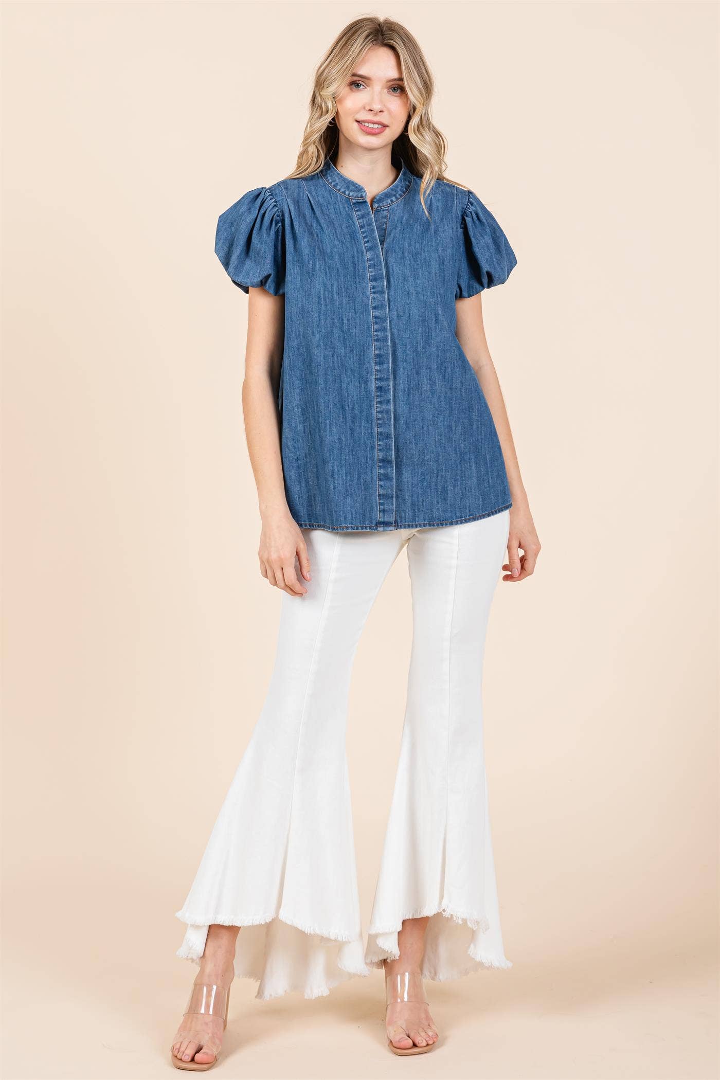 Extended Size Puffed Sleeve Denim Blouse