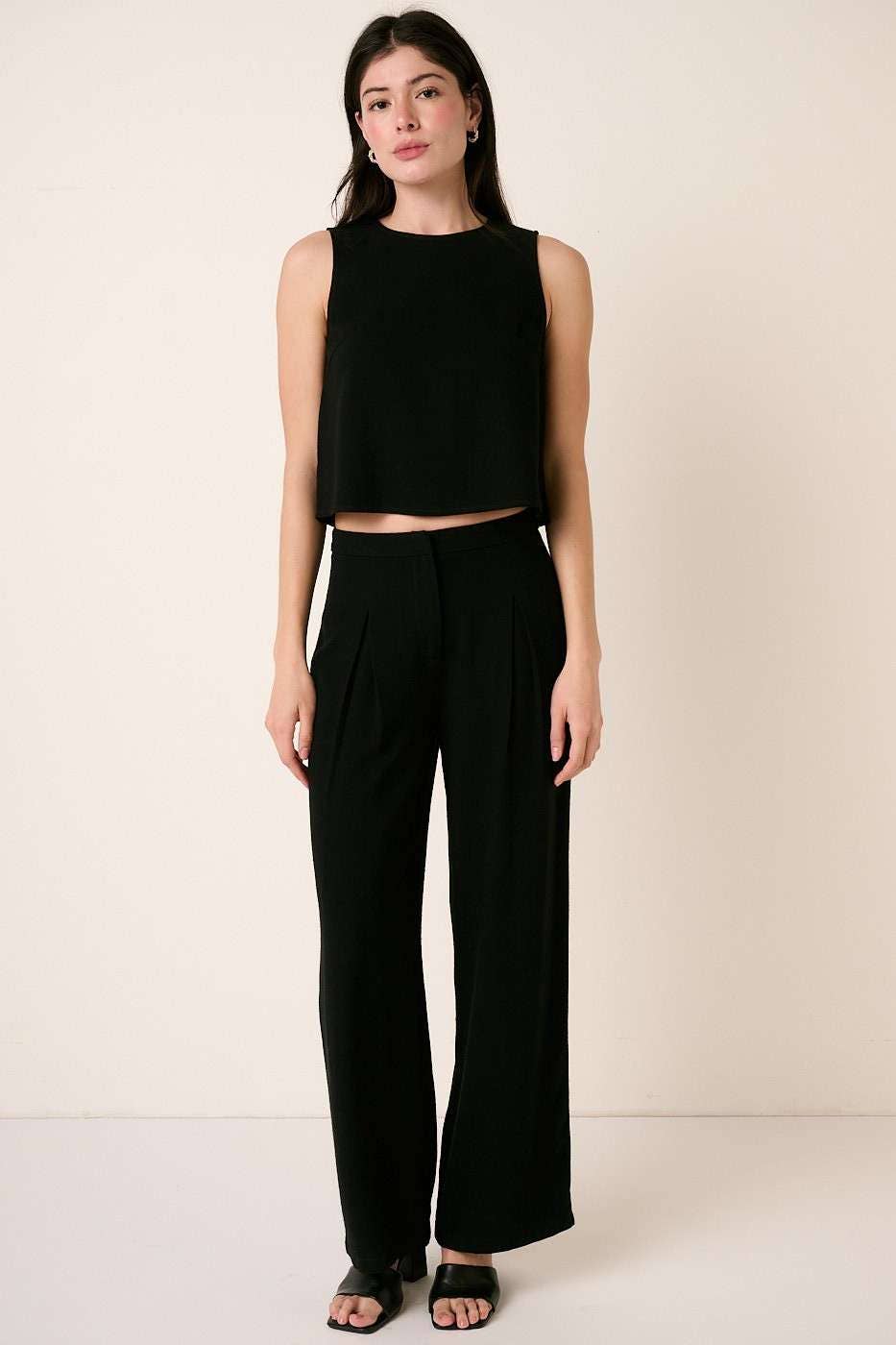 Linen Blend Crop Tank Top Pleated Pant Set