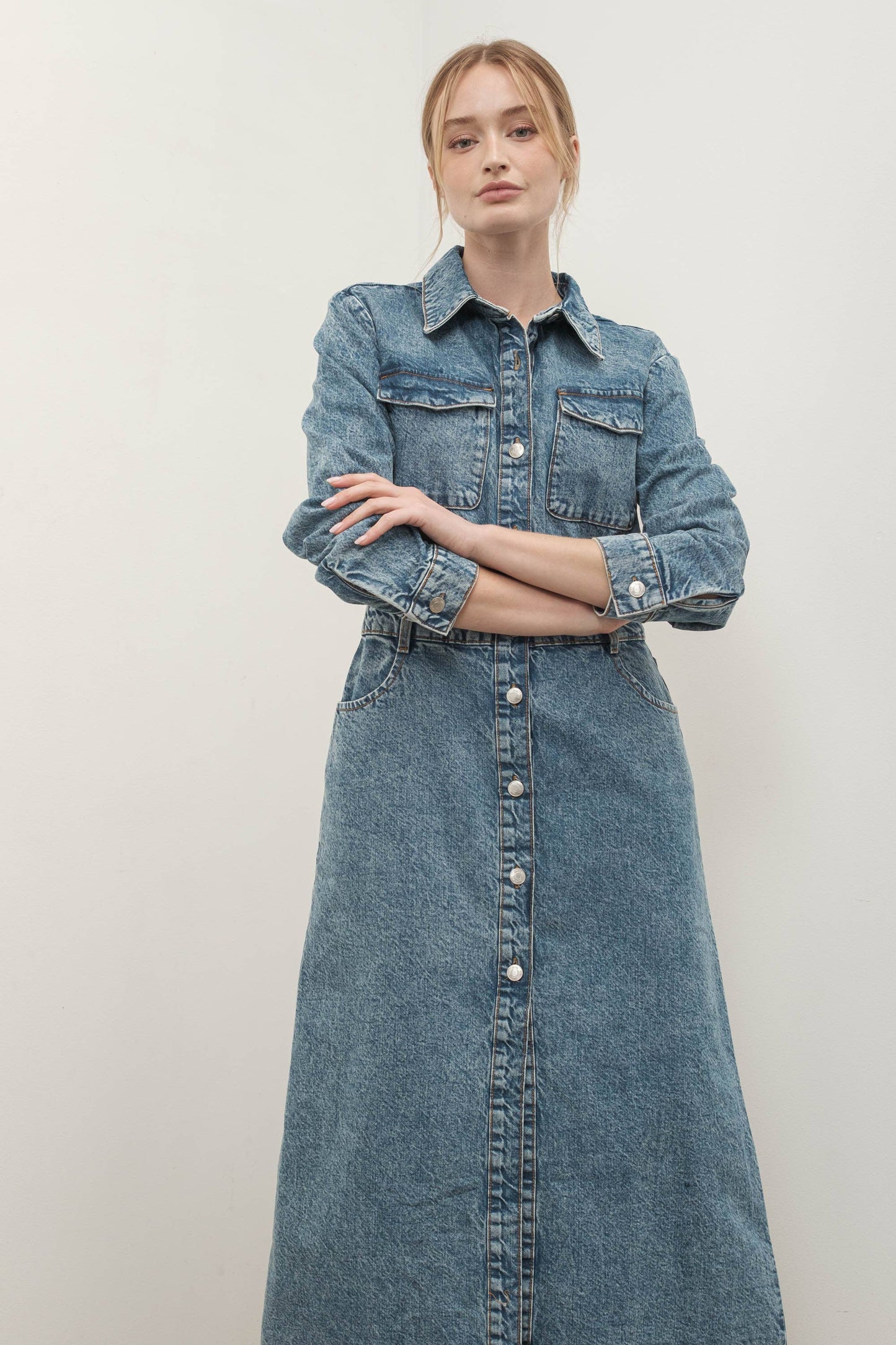 Denim Lapel Collar Maxi Dress