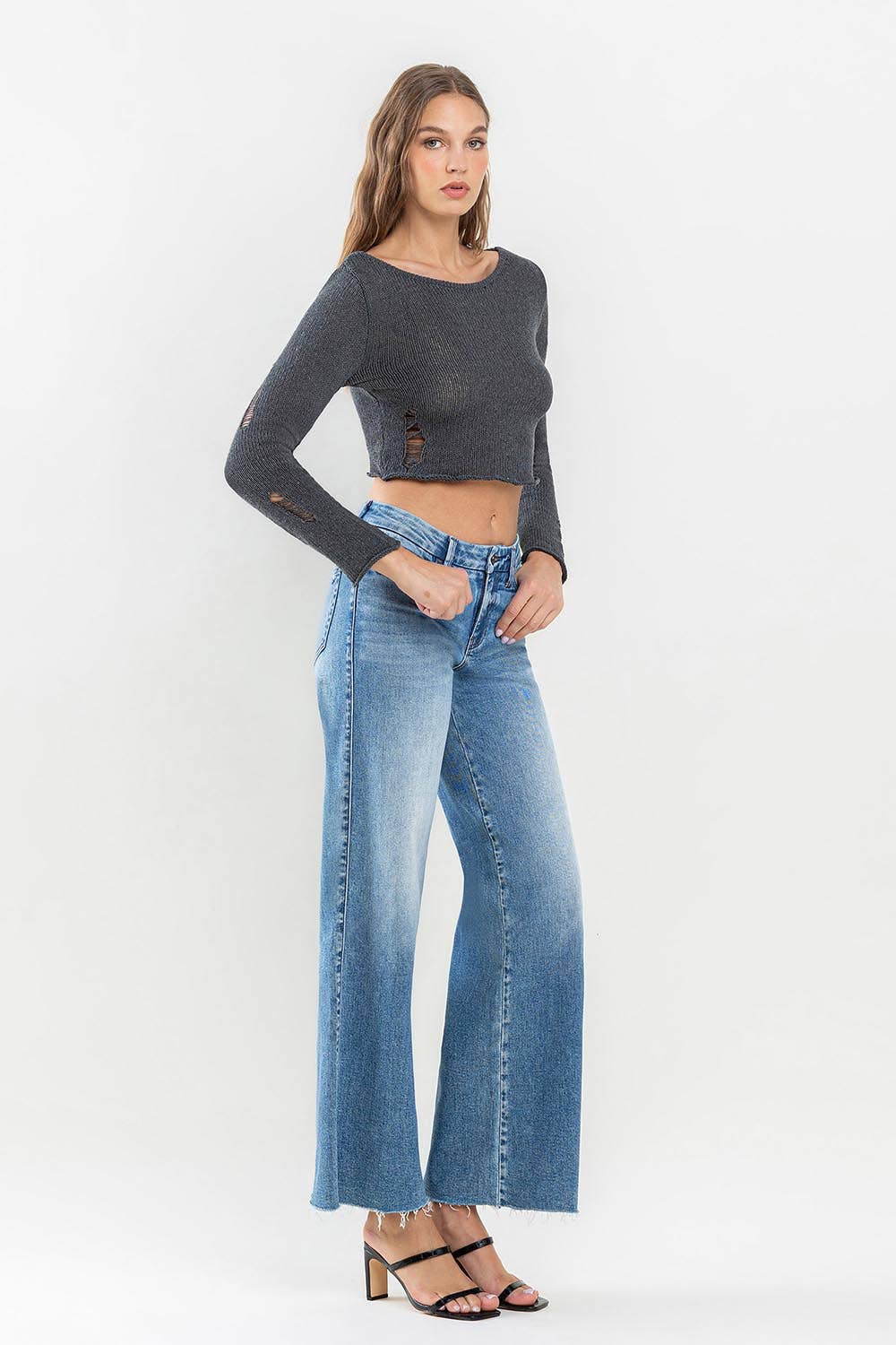 MID RISE ANKLE RAW HEM WIDE LEG JEANS