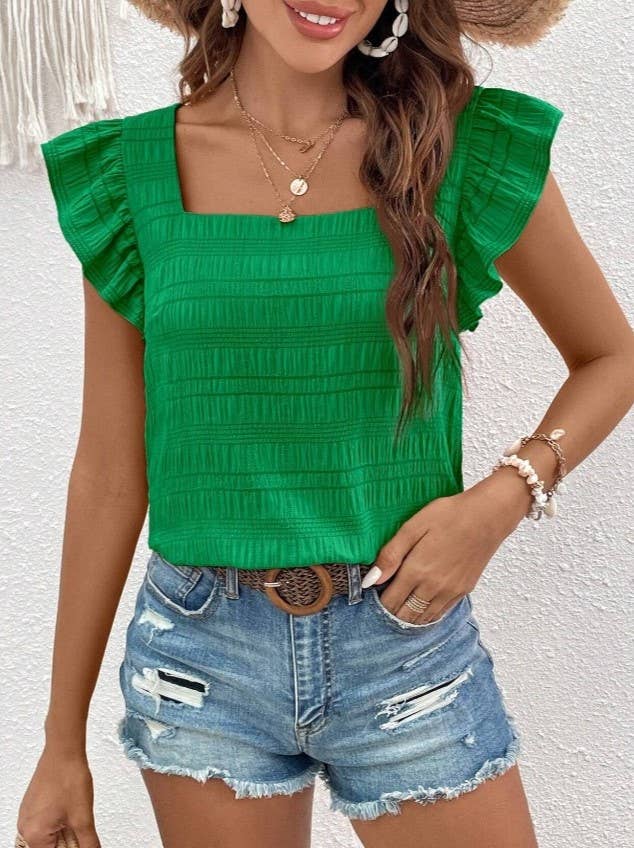 Rosa Clothing - Square Neck Ruffle Panels Short-Sleeved T-Shirt Top