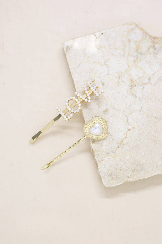 Ettika - Pearl & Gold Love Heart Hair Pin Set