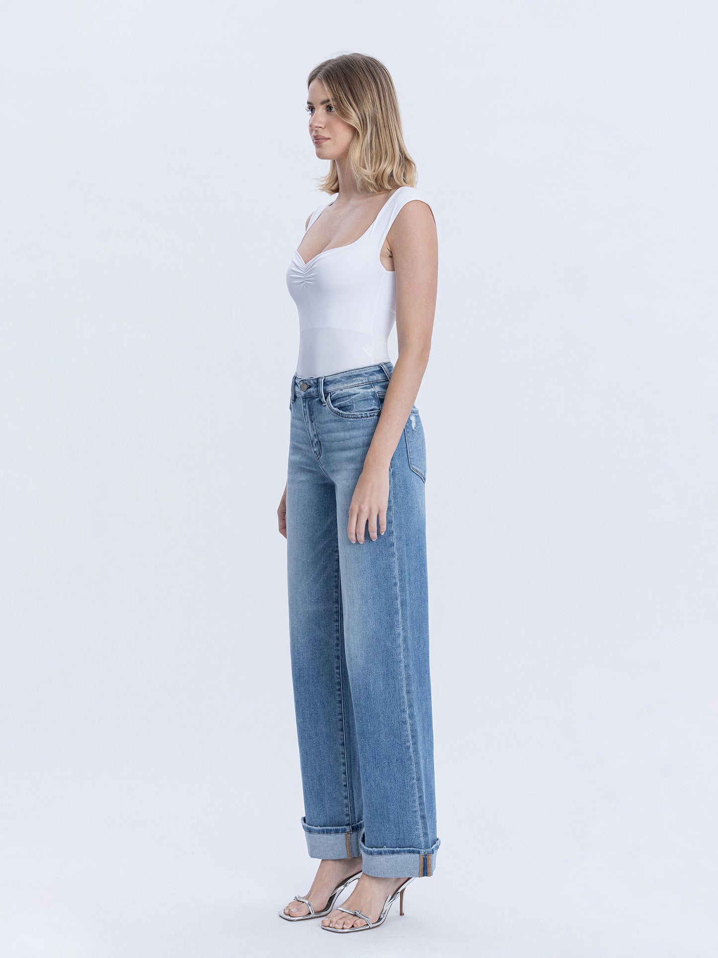 High Rise Full Length Cuffed Wide Jeans