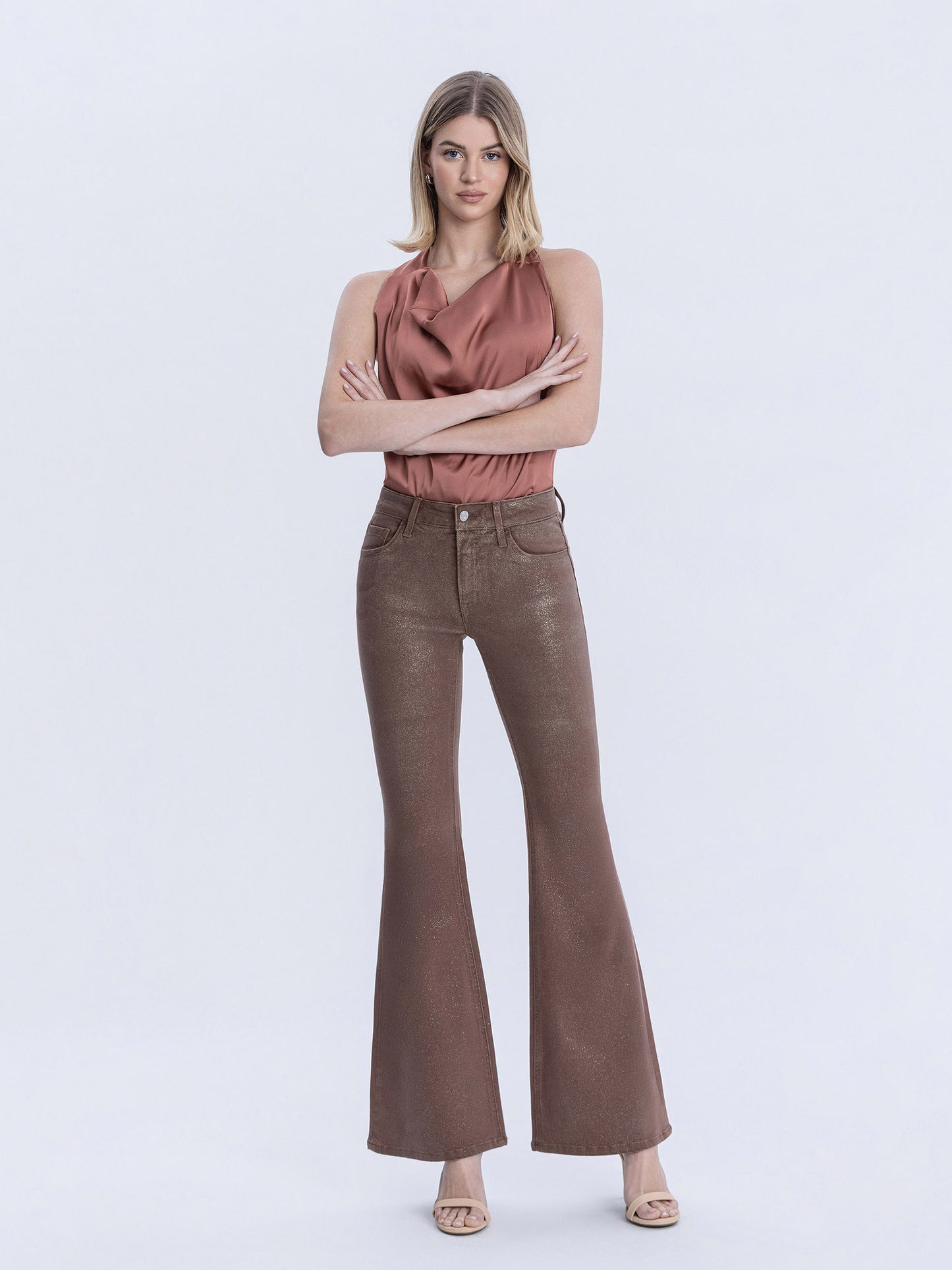 Mid Rise Gold Glitter Coated Flare Jeans