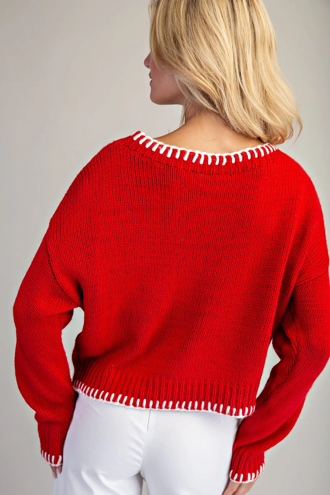 Merry Contrast Whipstitch Long Sleeve Sweater
