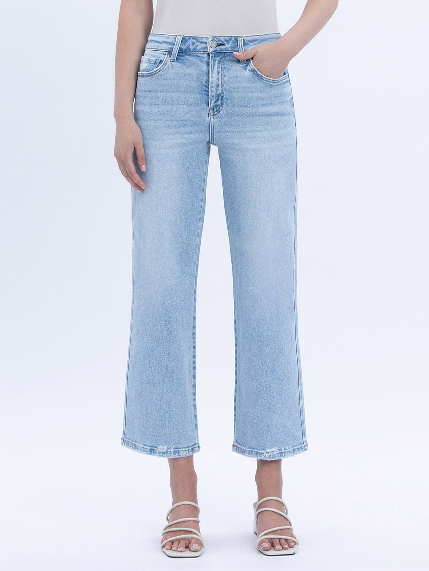High Rise Light Wash Crop Slim Wide Leg Jeans