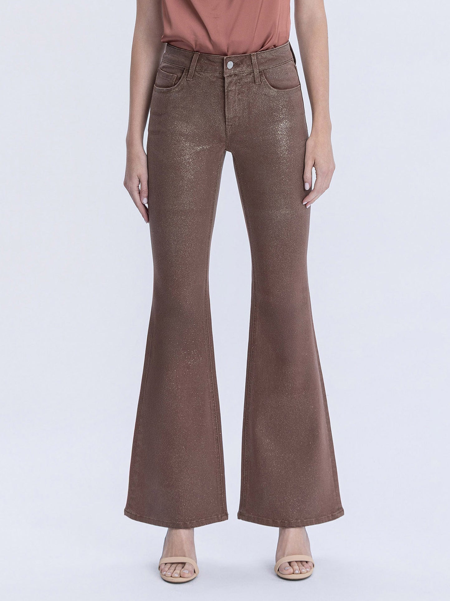 Mid Rise Gold Glitter Coated Flare Jeans