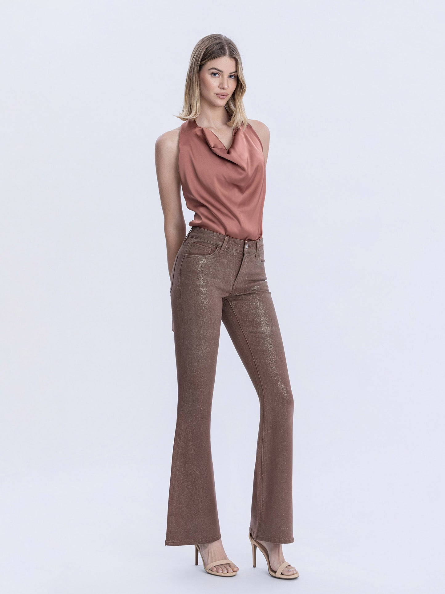 Mid Rise Gold Glitter Coated Flare Jeans