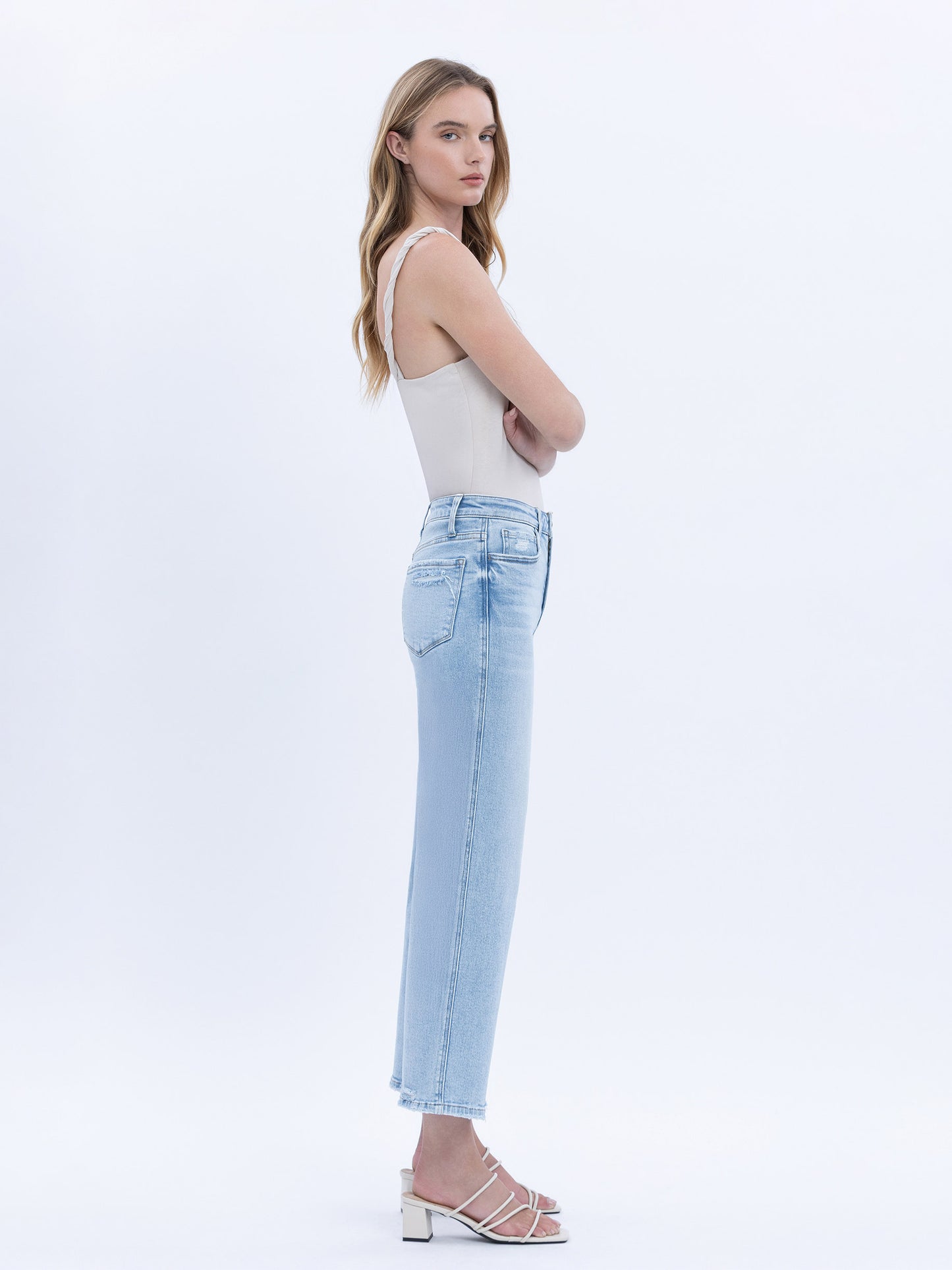 High Rise Light Wash Crop Slim Wide Leg Jeans