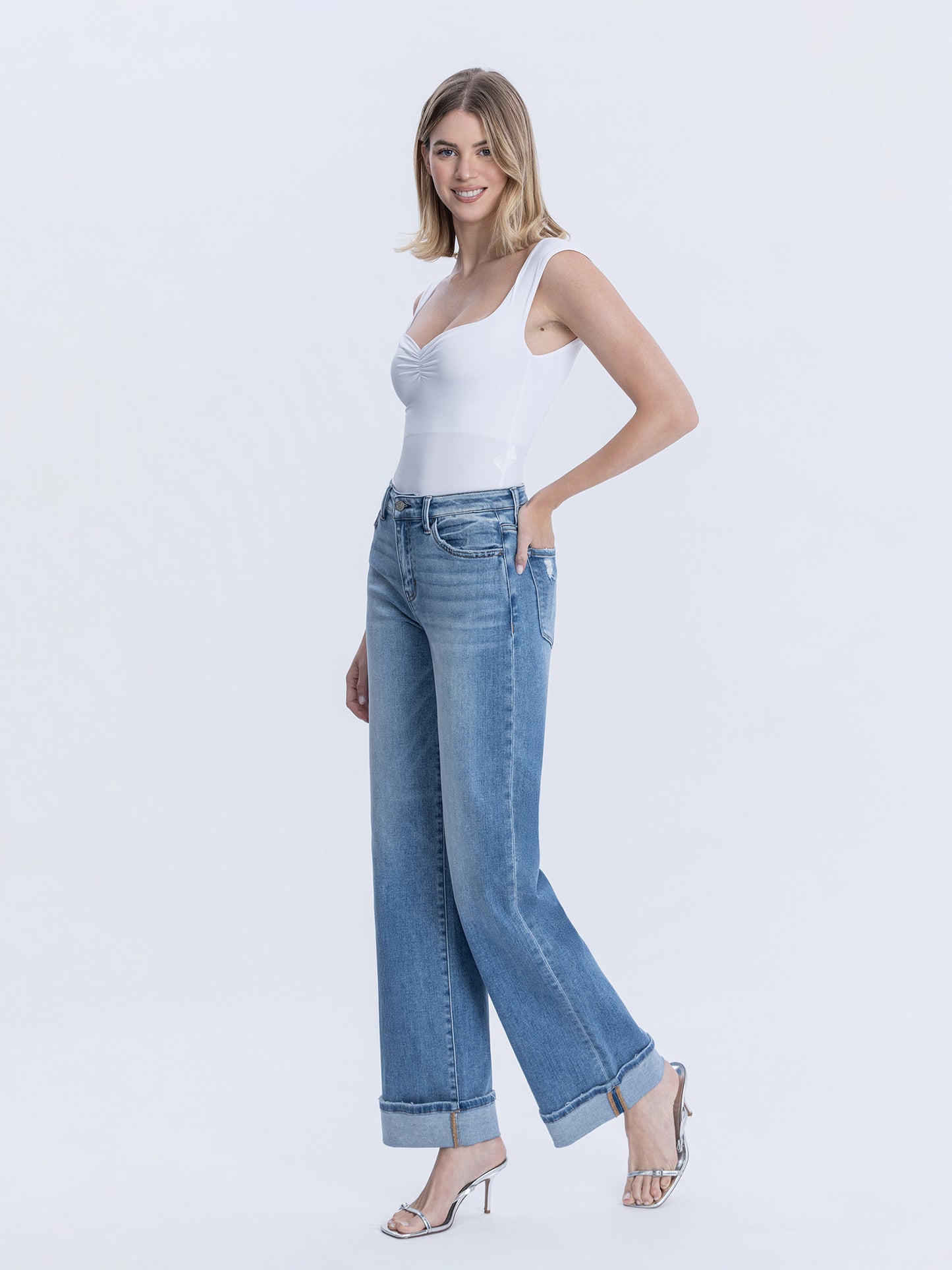 High Rise Full Length Cuffed Wide Jeans