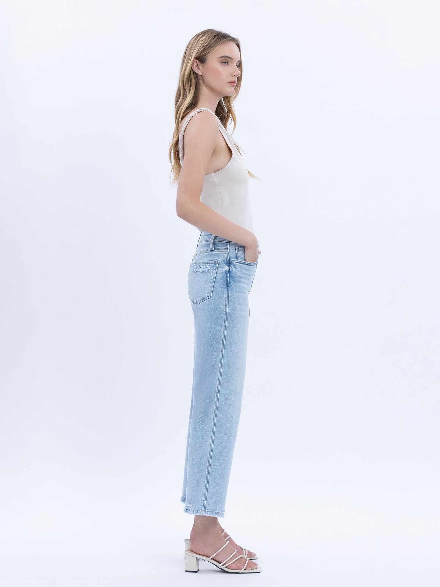 High Rise Light Wash Crop Slim Wide Leg Jeans