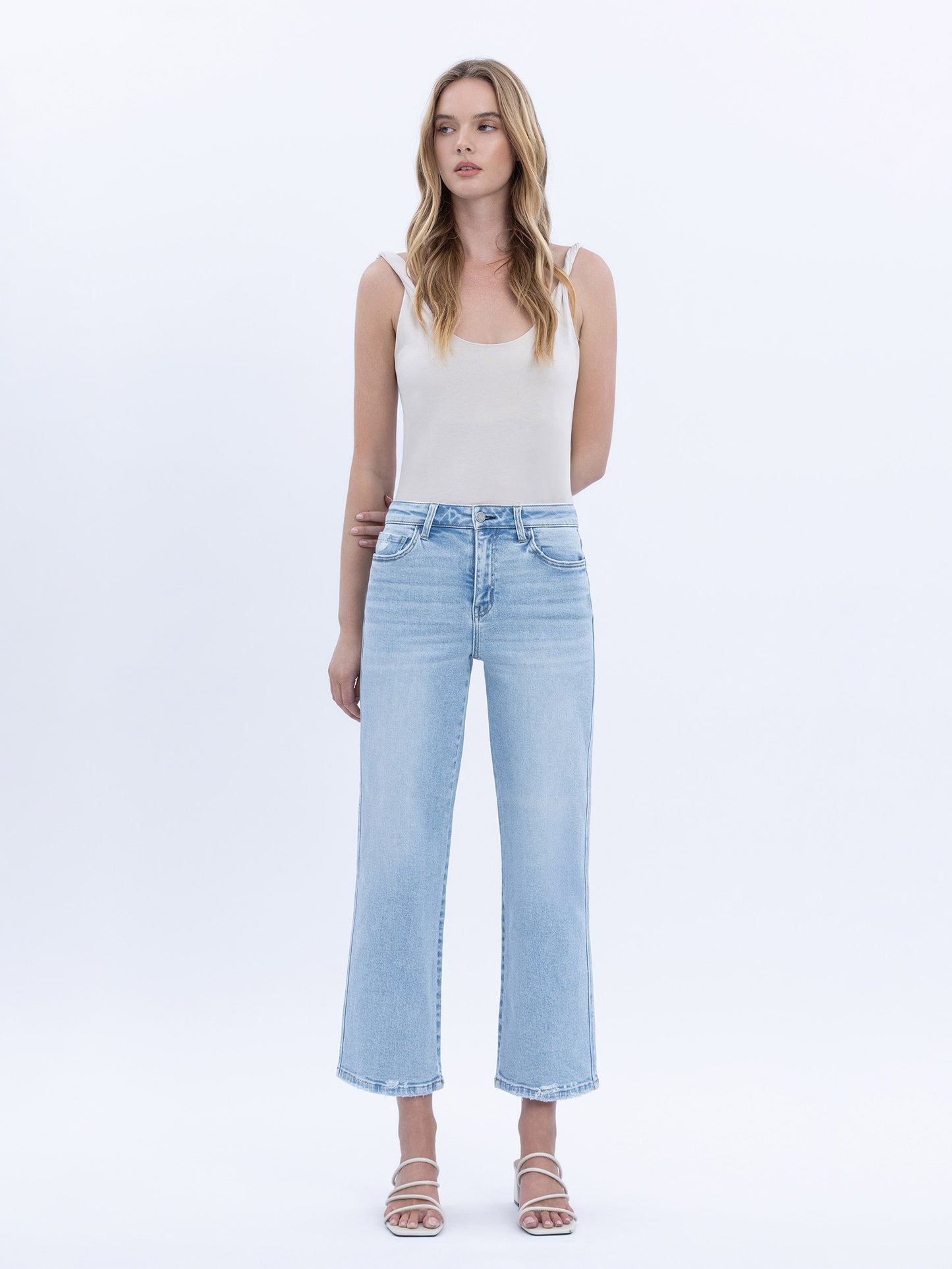 High Rise Light Wash Crop Slim Wide Leg Jeans