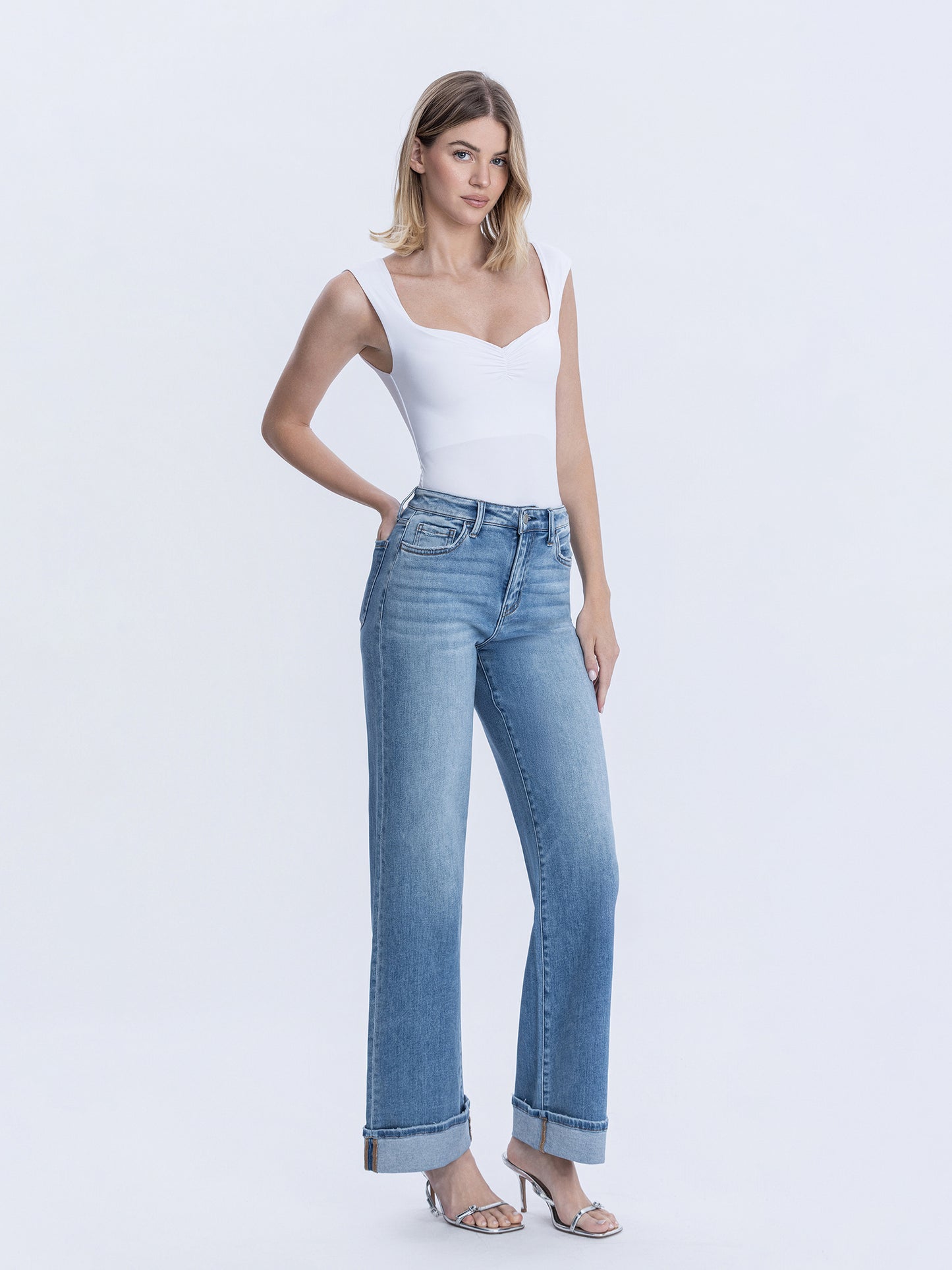 High Rise Full Length Cuffed Wide Jeans