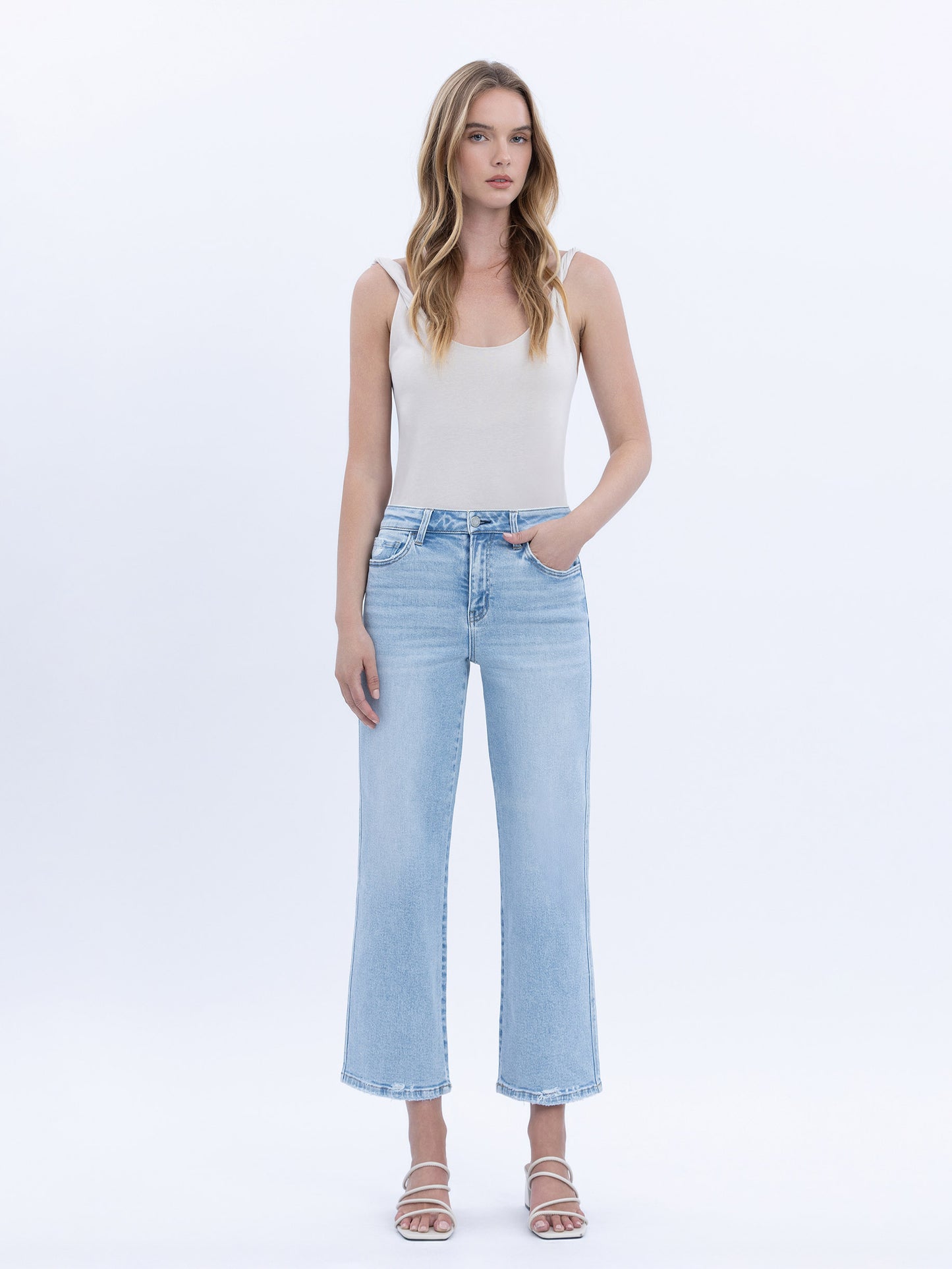 High Rise Light Wash Crop Slim Wide Leg Jeans