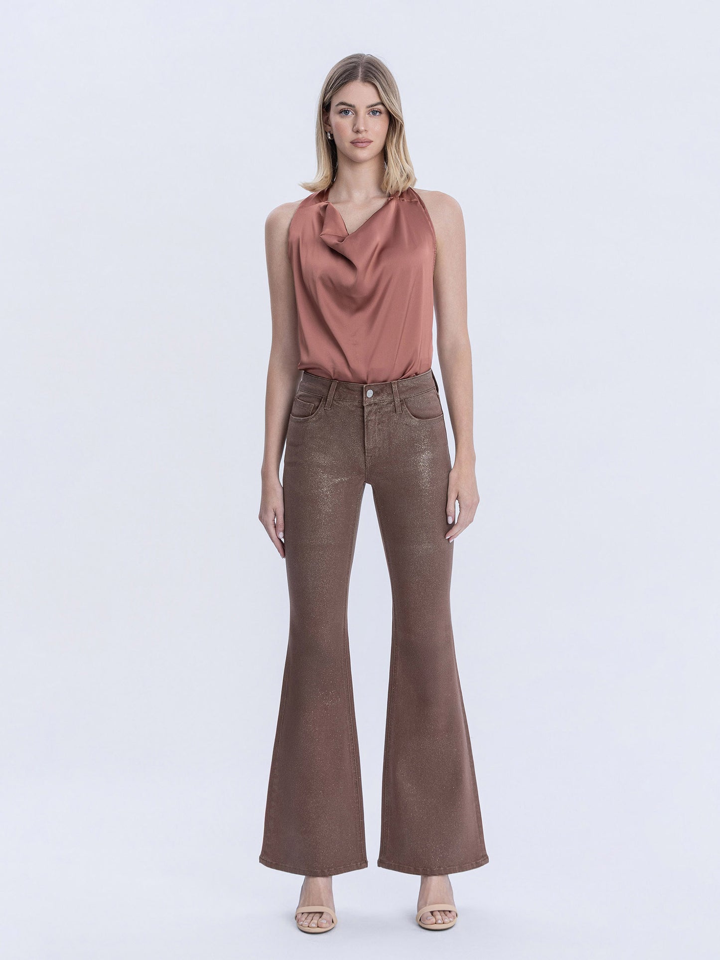 Mid Rise Gold Glitter Coated Flare Jeans