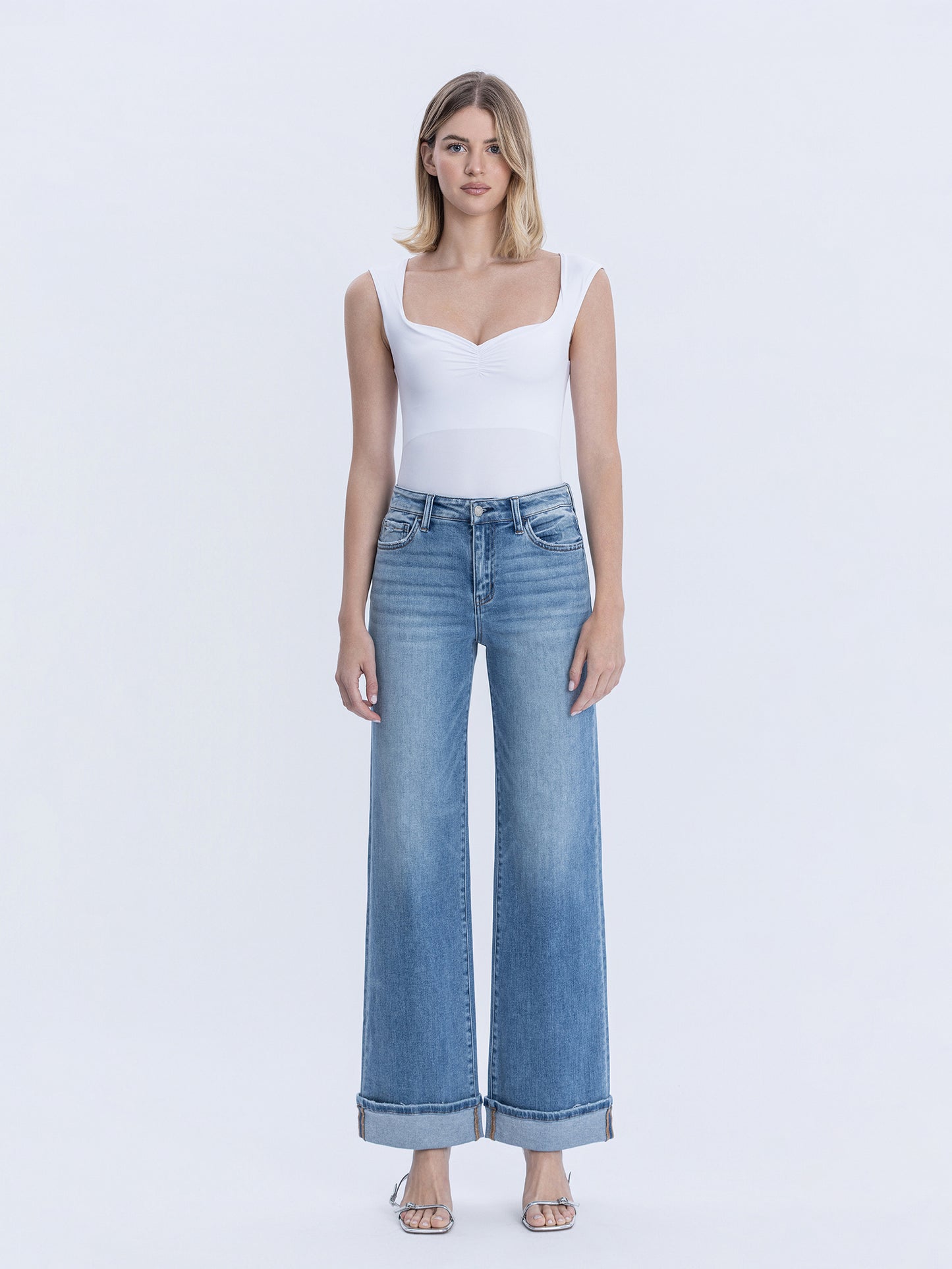 High Rise Full Length Cuffed Wide Jeans