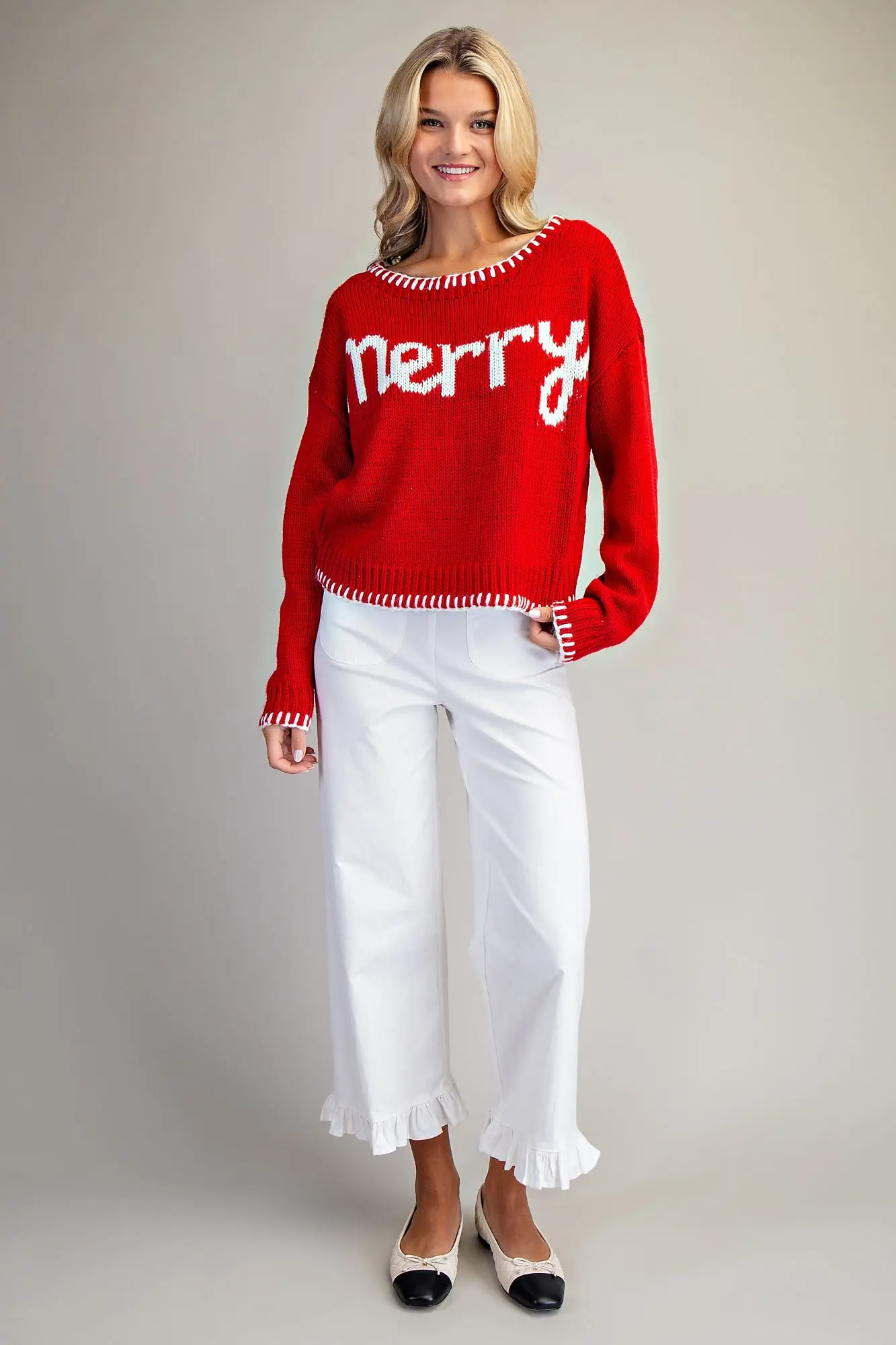 Merry Contrast Whipstitch Long Sleeve Sweater