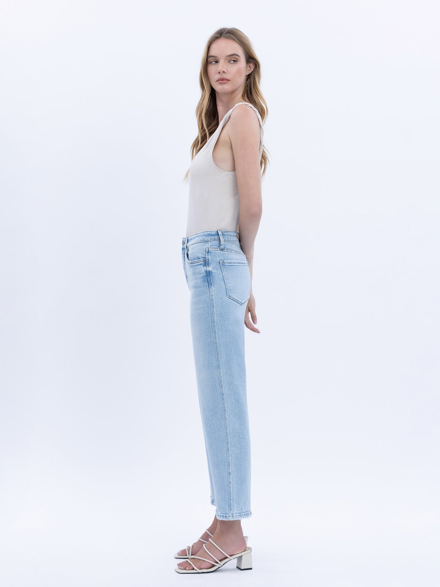 High Rise Light Wash Crop Slim Wide Leg Jeans