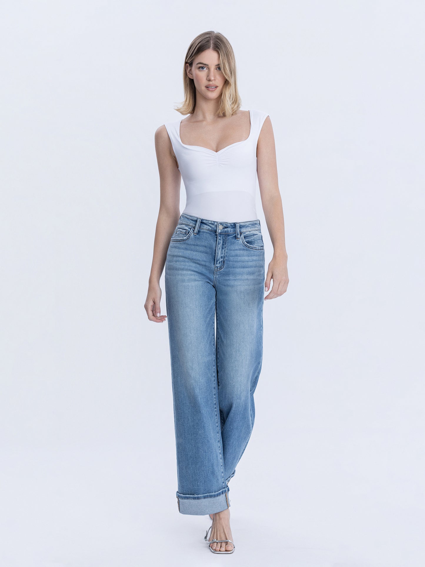 High Rise Full Length Cuffed Wide Jeans